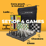 JJPRIME - Magnetic Travel Board Games Set of 4 Chess, Draughts, Ludo, Snakes and Ladders Game for Kids Travel Games For Kids On Plane | Magnetic Games For Kids Travel Chess Set Magnetic with Pouch