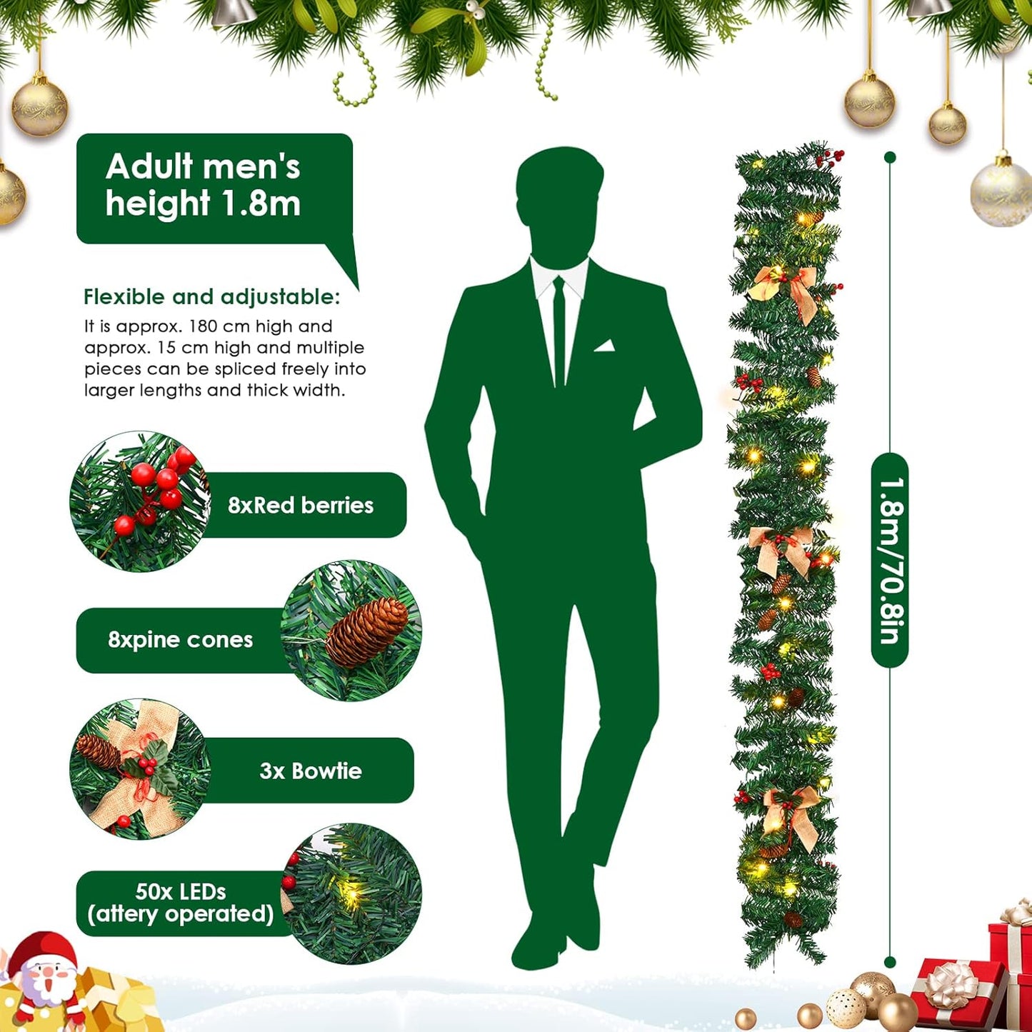 1.8m/6ft Artificial Christmas Garland with 50 LED Lights, Pine Cones, Berries, and Bow for Fireplace, Stairs, Tree, Front Door, and Holiday Decoration