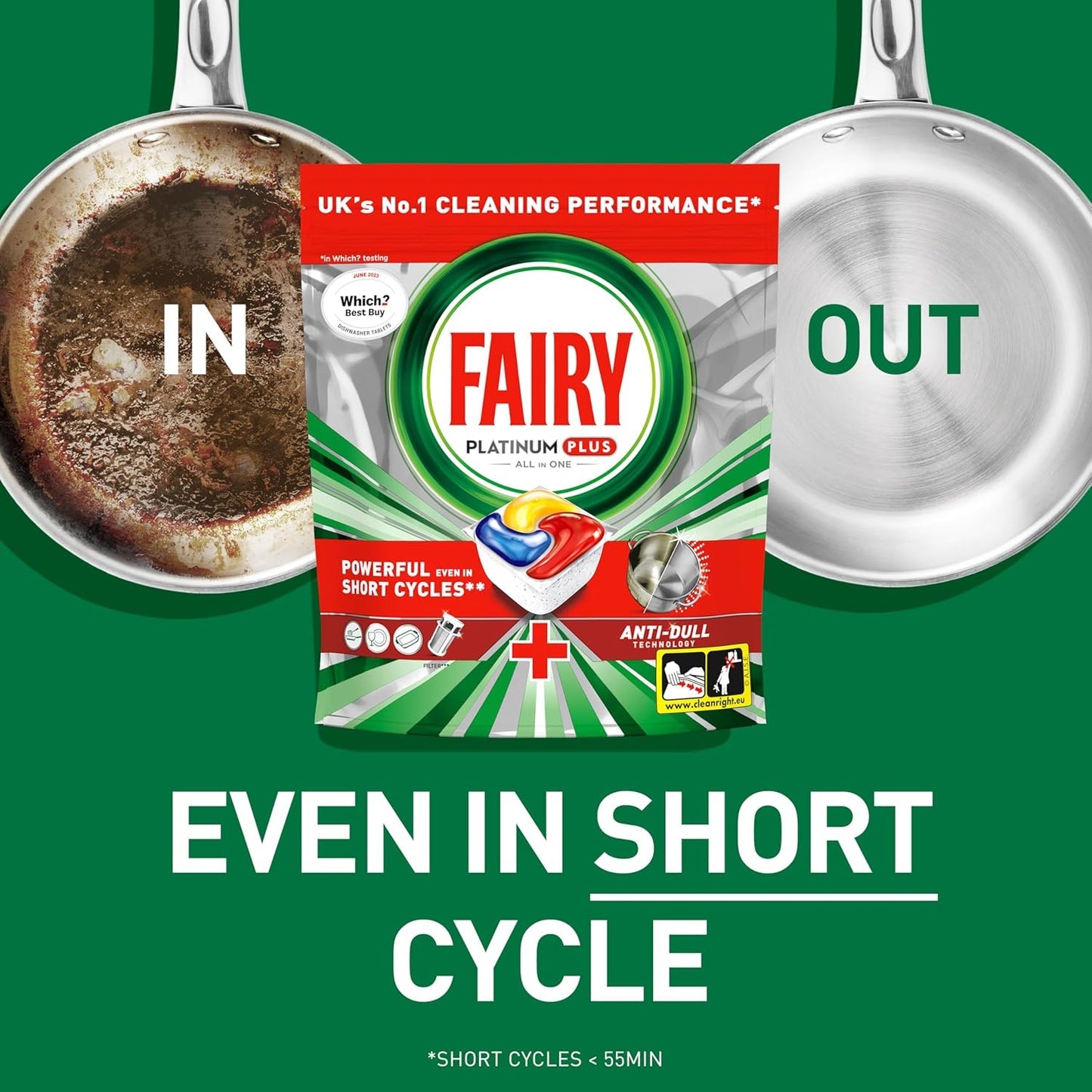 Fairy Platinum Plus All-in-1 Dishwasher Tablets, 125 Pack, Lemon. With anti-dull tech & rinse aid action for a deep clean. Effective in short cycles for sparkling dishes.