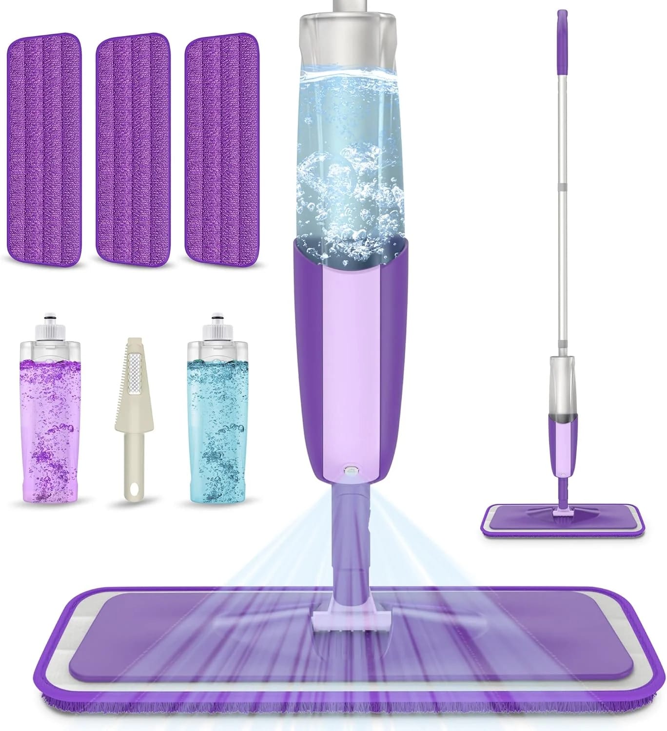 MEXERRIS Microfibre Spray Mop for Floor Cleaning Wet Dry Kitchen Floor Cleaning Mop with 2x Refillable Bottles 360°Rotatable Hardwood Mop for Laminate Wood Tiles 3x Reusable Pads and 1 Scrubber