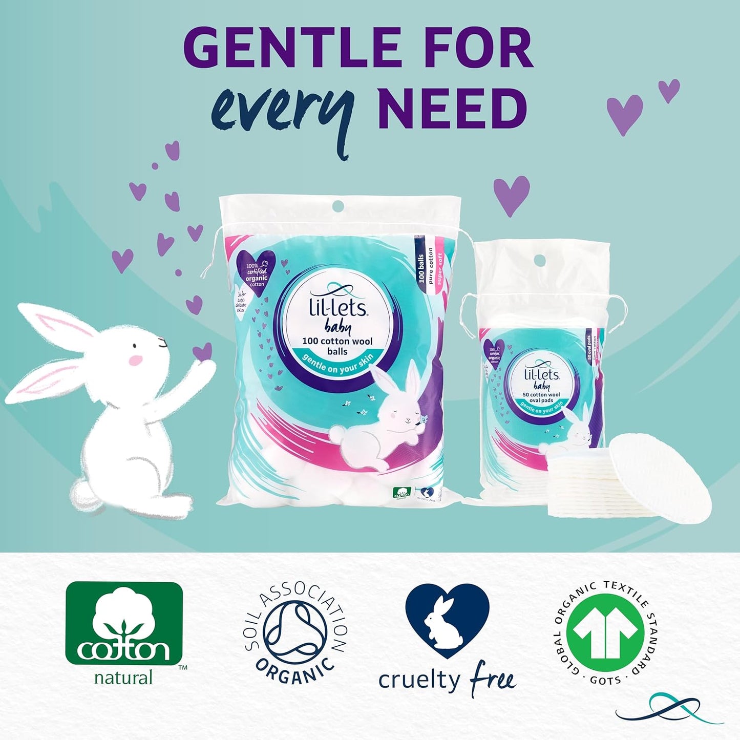 "Lil-Lets Baby Cotton Wool Oval Pads, 50 Pack, 100% Pure Organic Cotton, Dermatologically Tested, Soft and Absorbent for Newborns"