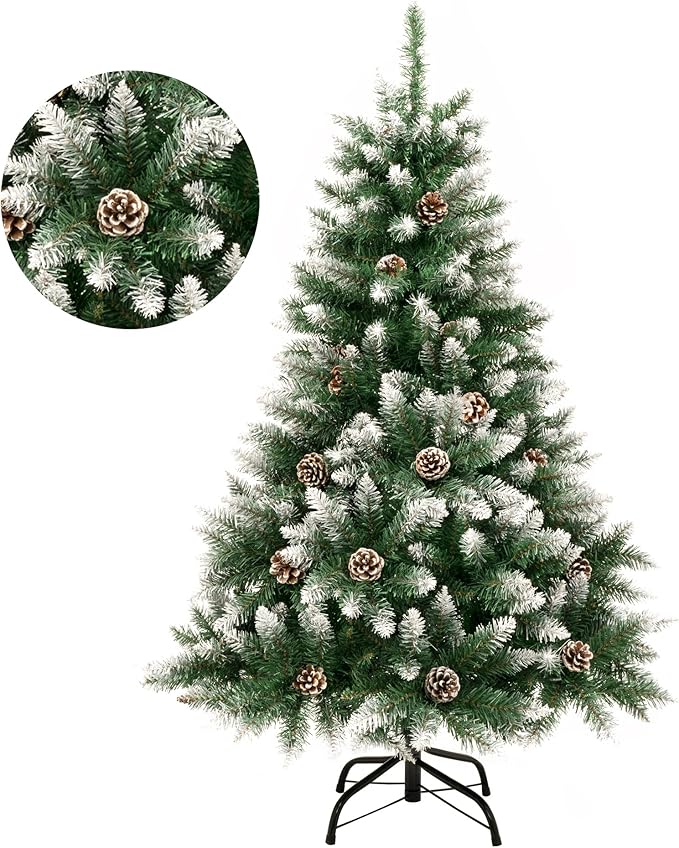 GIGALUMI 4ft Fold-Out Artificial Christmas Tree with Snow and Real Pine Cones, Retractable Indoor Pine Xmas Decoration
