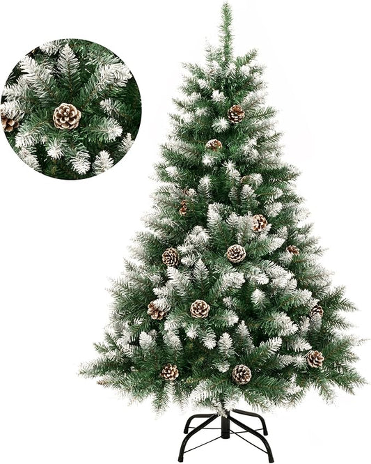 GIGALUMI 4ft Fold-Out Artificial Christmas Tree with Snow and Real Pine Cones, Retractable Indoor Pine Xmas Decoration