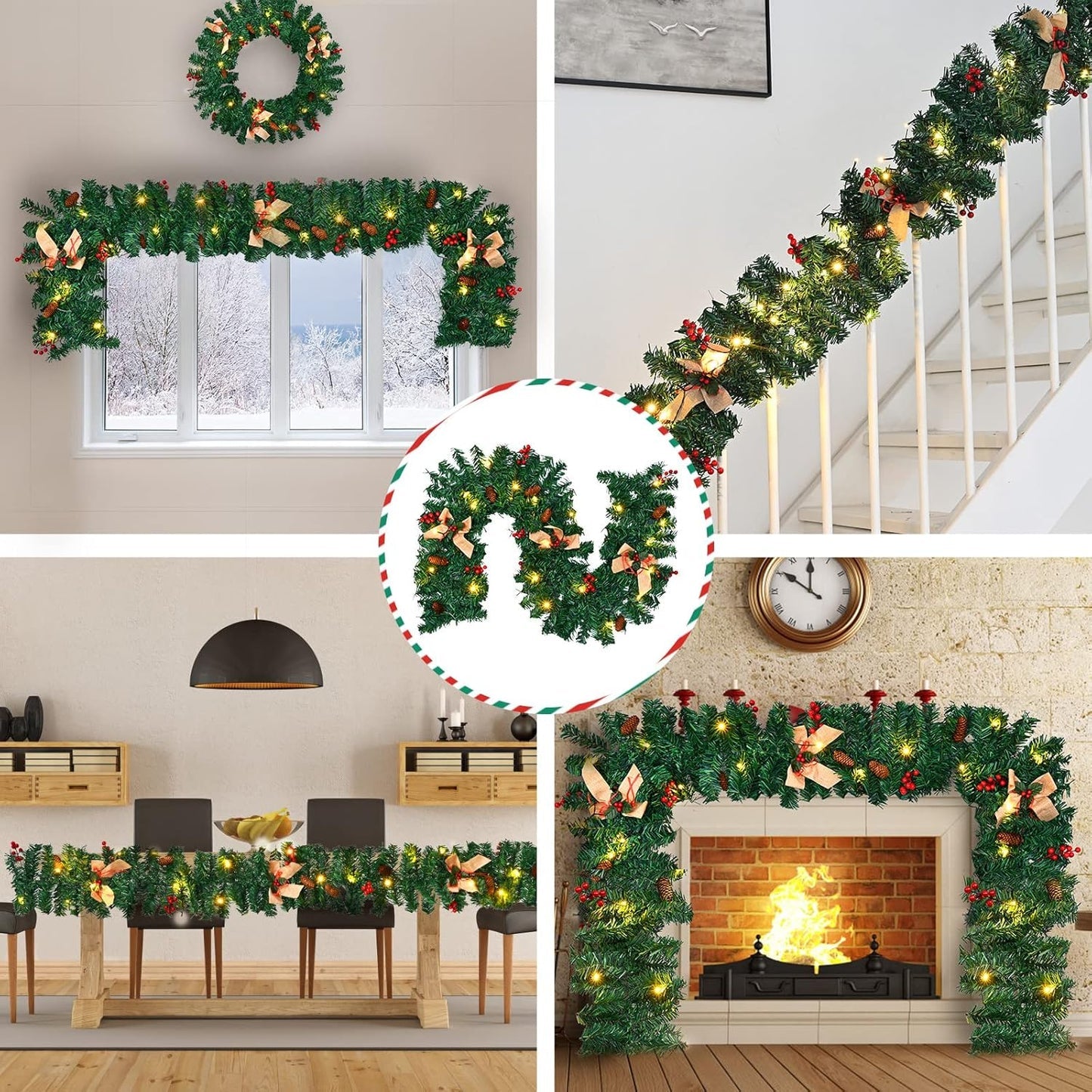 1.8m/6ft Artificial Christmas Garland with 50 LED Lights, Pine Cones, Berries, and Bow for Fireplace, Stairs, Tree, Front Door, and Holiday Decoration