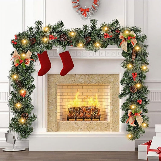 1.8m/6ft Artificial Christmas Garland with 50 LED Lights, Pine Cones, Berries, and Bow for Fireplace, Stairs, Tree, Front Door, and Holiday Decoration