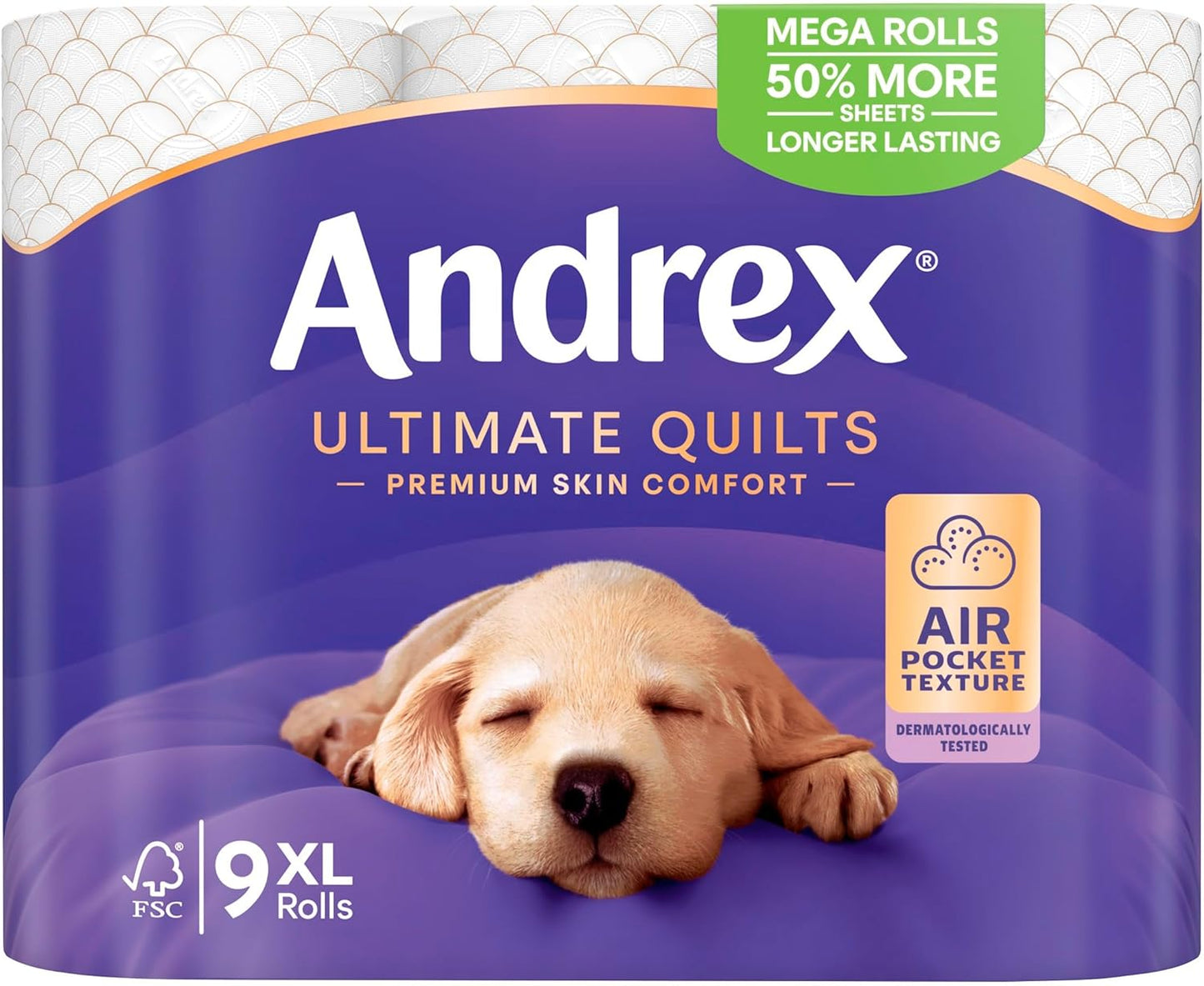 Andrex Ultimate Quilts 9 Mega Toilet Rolls = 13.5 Standard Toilet Rolls, 50% Longer Lasting Paper, Air Pocket Technology for Soft, Thick Sheets, FSC Certified