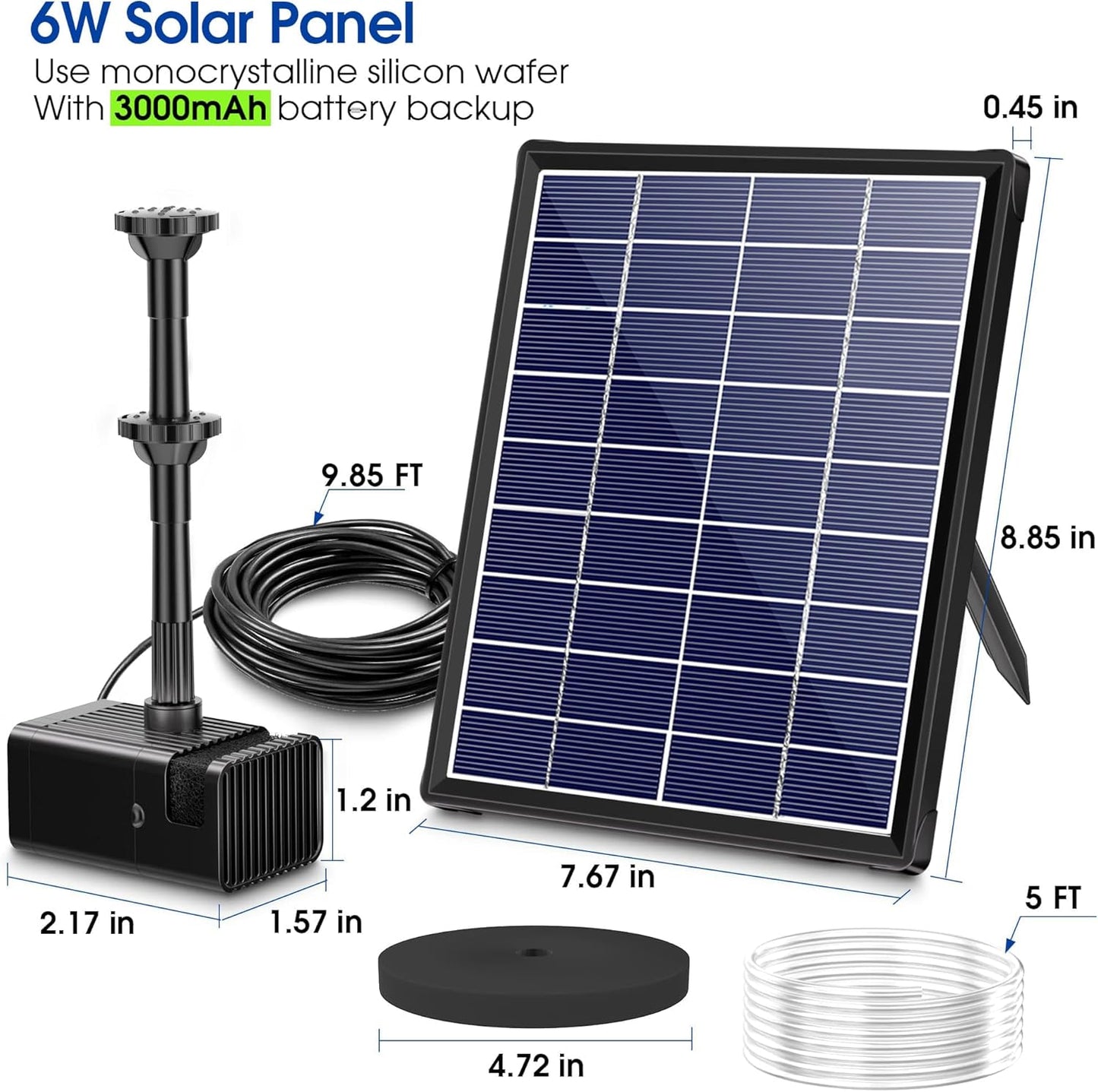 Biling Solar Pond Foundtain with Battery Backup, 6W 300L/H Solar Water Pump with 3000mAh Battery Backup, with Filter DIY 5ft Tubing Solar Fountains Water Feature for Garden Ponds, Pool, Fish Tank