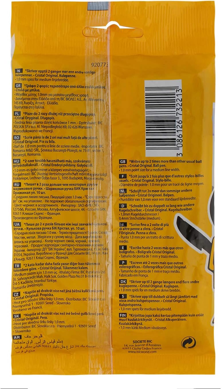 BIC Cristal Original Ballpoint , Comfortable Biro Pens, Medium Point (1.0mm), Assorted Colours, Pack of 10