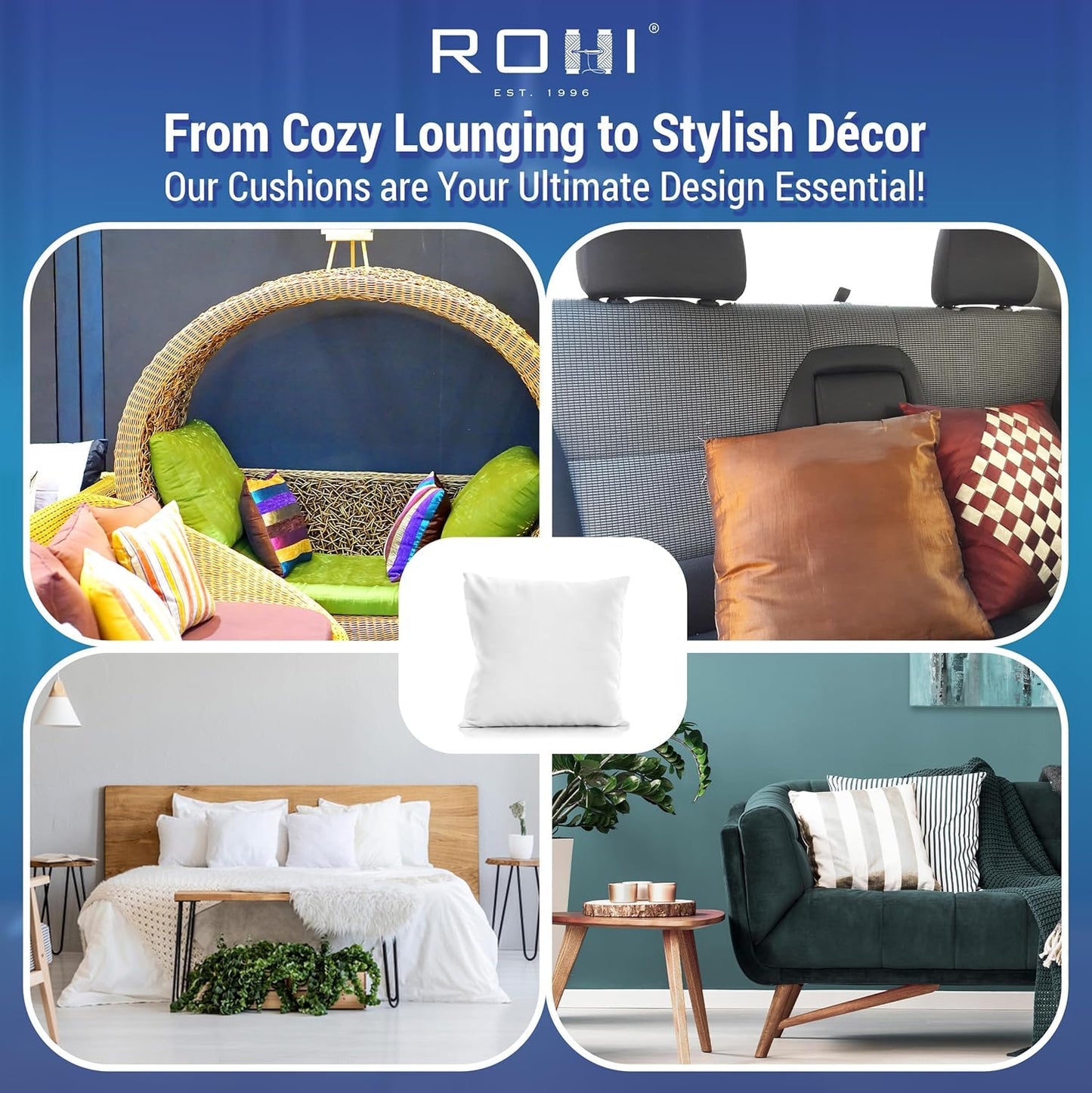 Rohi Set of 4 Hypoallergenic Cushion pads 45cm x 45cm - White polyster square Cushions - Standard stuffer pack of Cushion inserts 45cm x 45cm (Pack of 4 | 18"x18")
